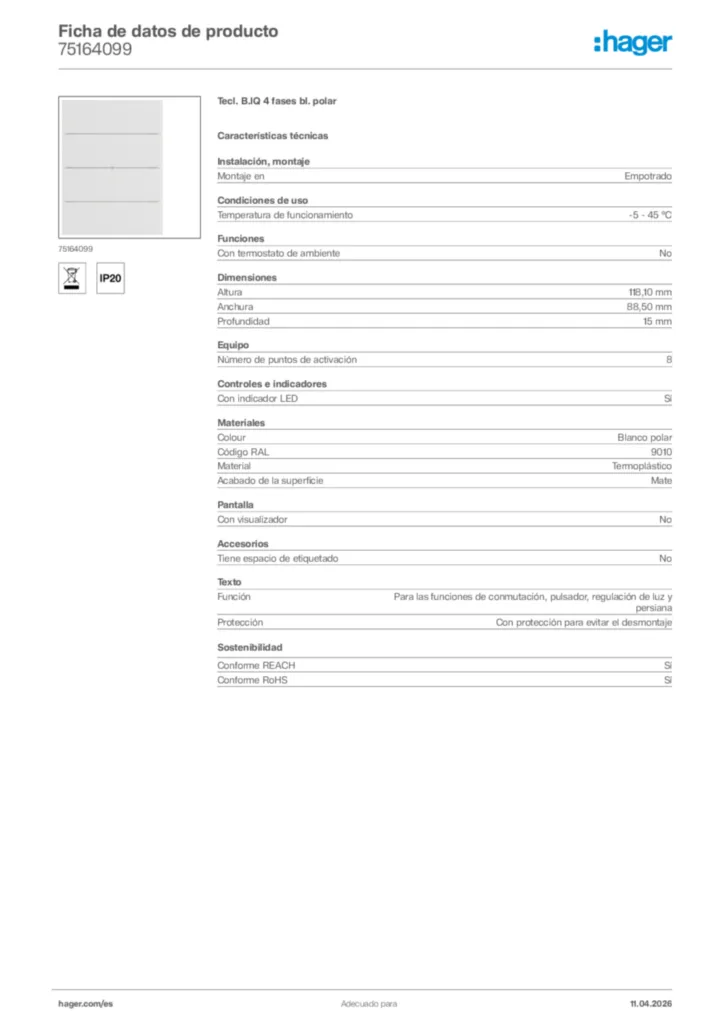 Imagen Hager Ficha de datos de producto 75164099 | Hager España