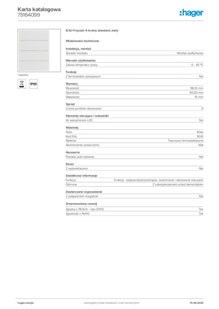 Zdjęcie Hager Karta katalogowa 75164099 | Hager Polska