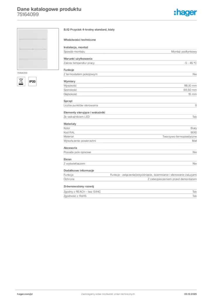 Zdjęcie Hager Karta katalogowa 75164099 | Hager Polska