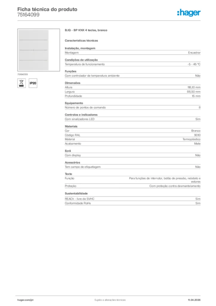 Imagem Hager Ficha técnica do produto 75164099 | Hager Portugal