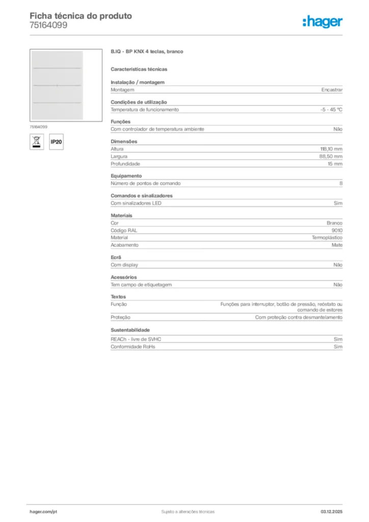 Imagem Hager Ficha técnica do produto 75164099 | Hager Portugal