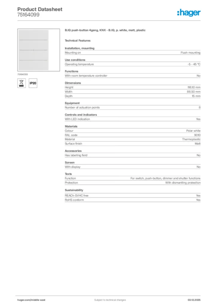 Image Hager Product data sheet 75164099  | Hager