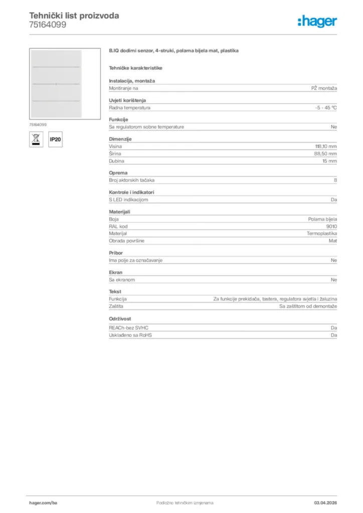 Slika Hager Tehnički list proizvoda 75164099  | Hager