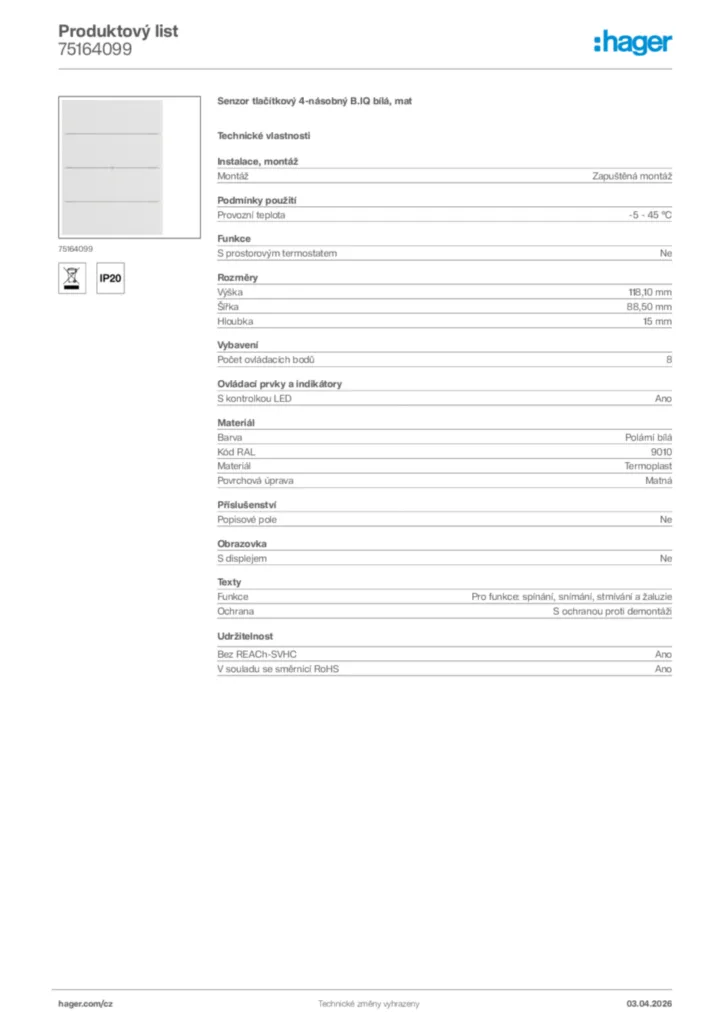 Obrázek Hager Product data sheet 75164099 | Hager