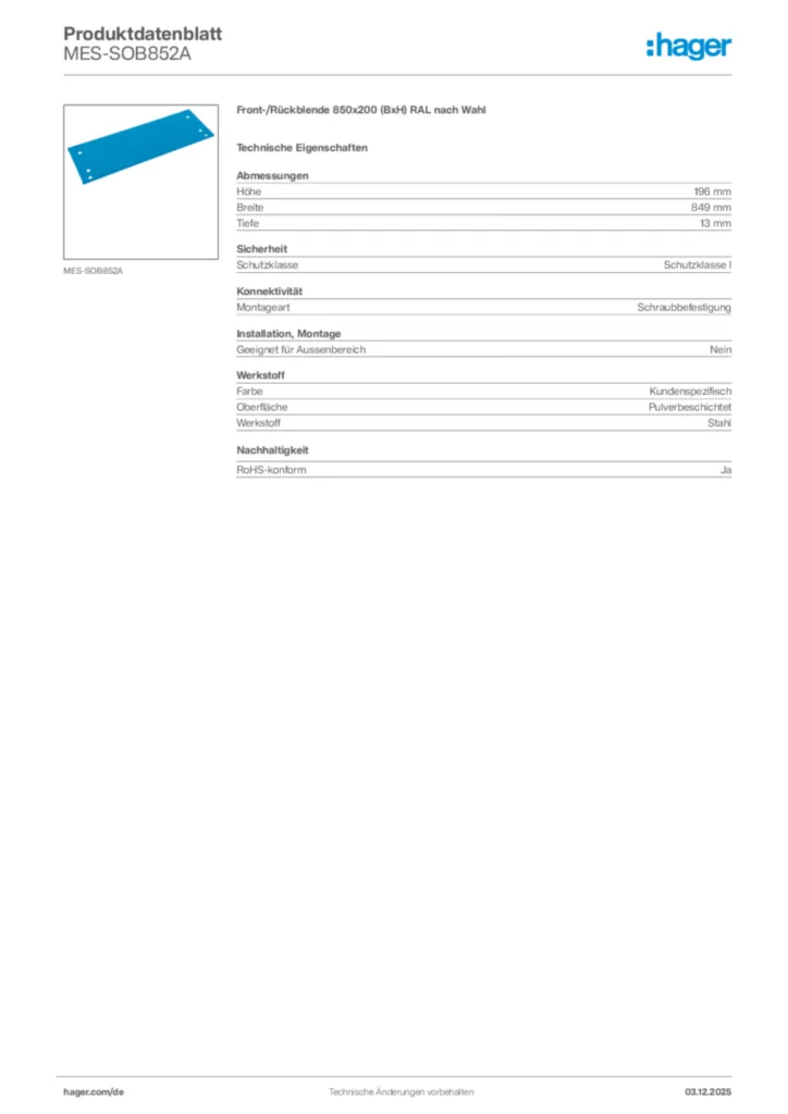 Bild Hager Produktdatenblatt MES-SOB852A | Hager Deutschland