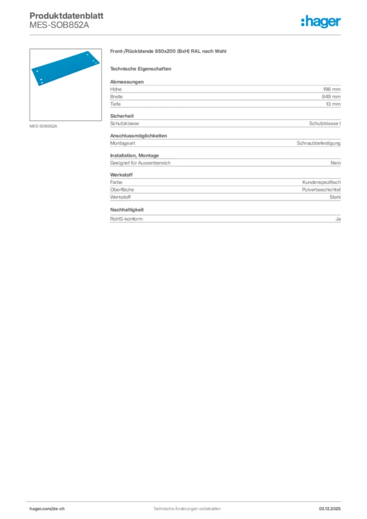 Bild Hager Produktdatenblatt MES-SOB852A | Hager Schweiz