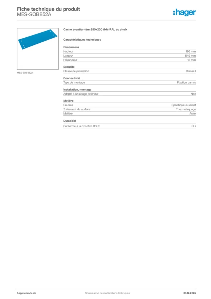 Image Hager Fiche technique du produit MES-SOB852A | Hager Suisse