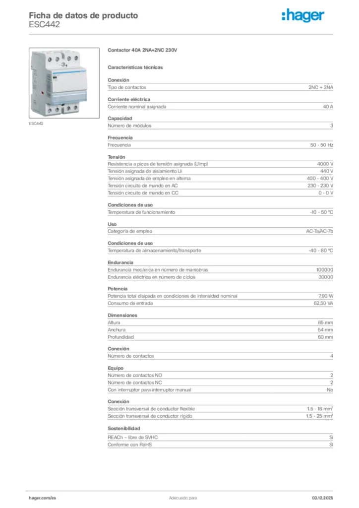 Imagen Hager Ficha de datos de producto ESC442 | Hager España
