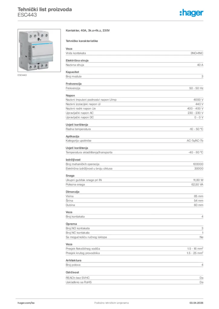 Slika Hager Tehnički list proizvoda ESC443  | Hager