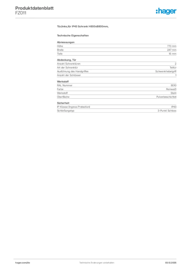 Bild Hager Produktdatenblatt FZ011 | Hager Deutschland