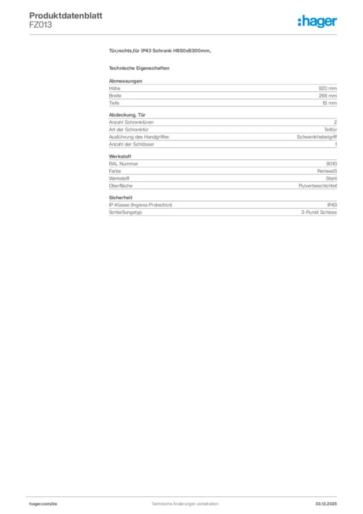 Bild Hager Produktdatenblatt FZ013 | Hager Deutschland