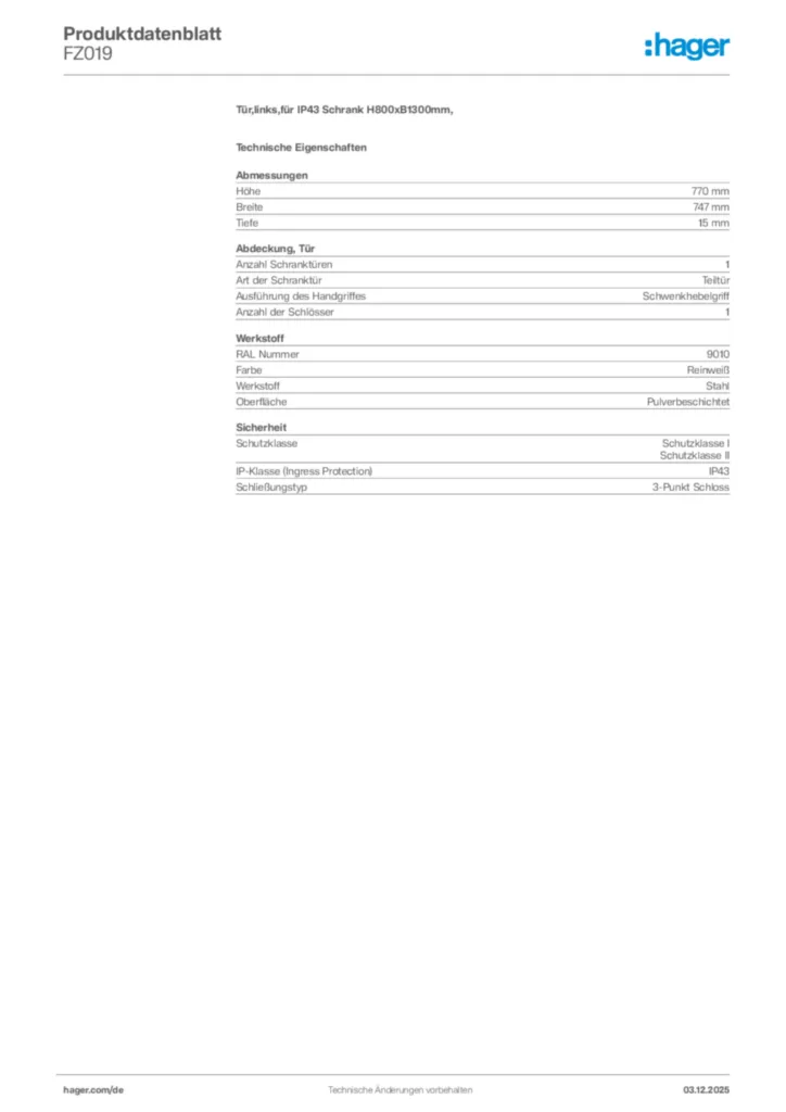 Bild Hager Produktdatenblatt FZ019 | Hager Deutschland