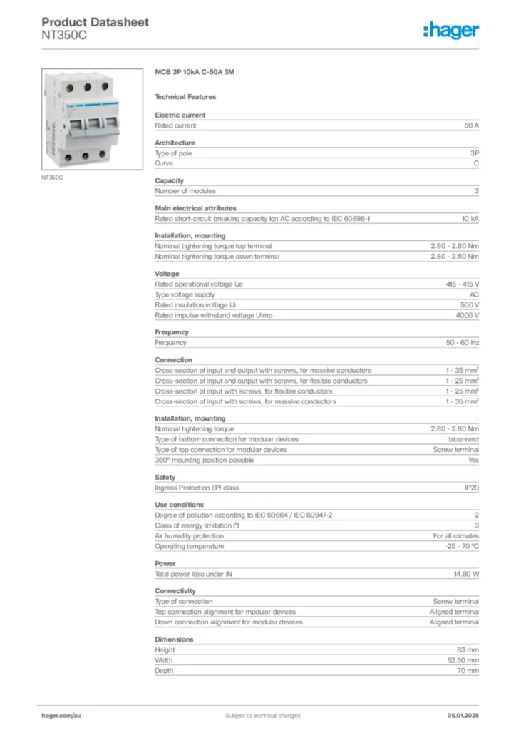 Image Hager Product data sheet NT350C  | Hager Australia