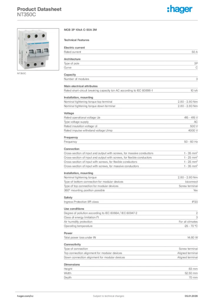 Image Hager Product data sheet NT350C  | Hager New Zealand