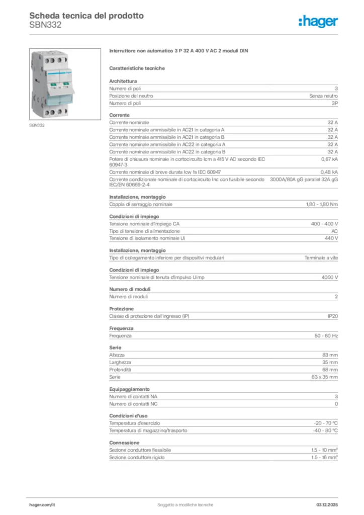 Immagine Hager Scheda tecnica del prodotto SBN332 | Hager Italia