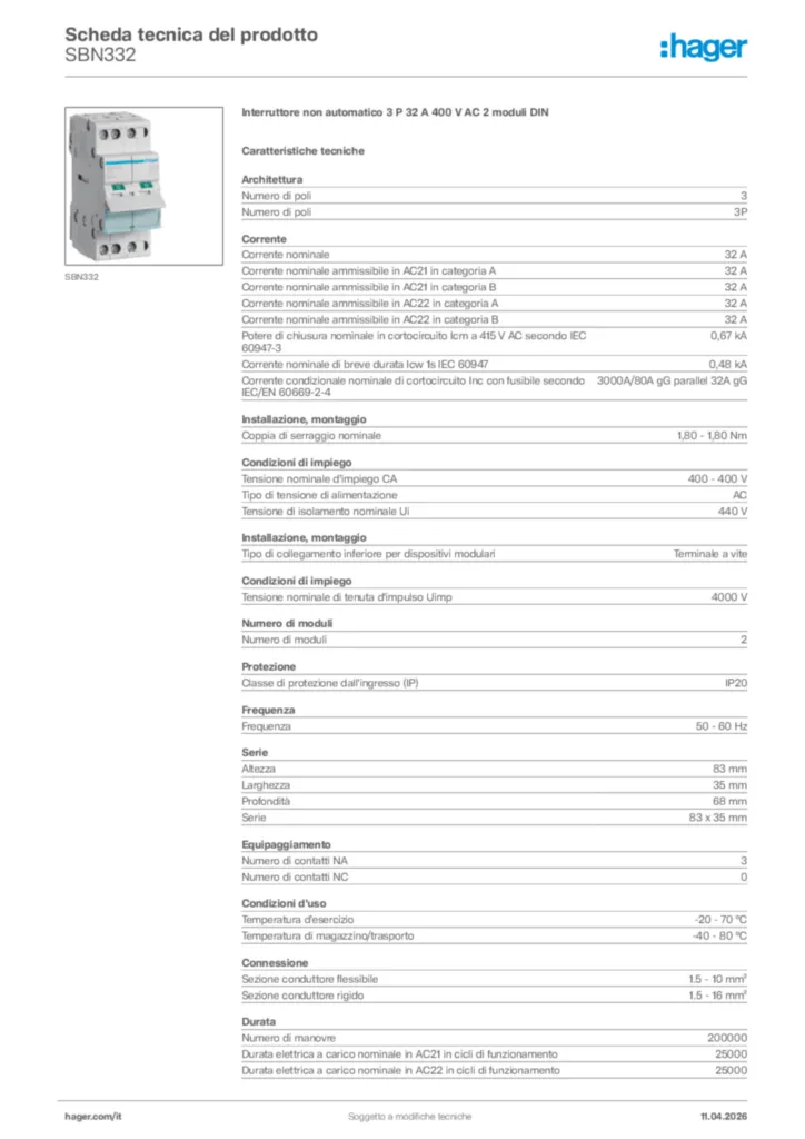 Immagine Hager Scheda tecnica del prodotto SBN332 | Hager Italia