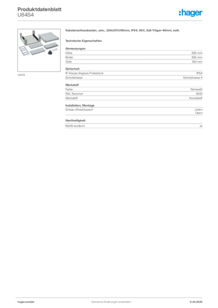 Bild Hager Produktdatenblatt U84S4 | Hager Deutschland