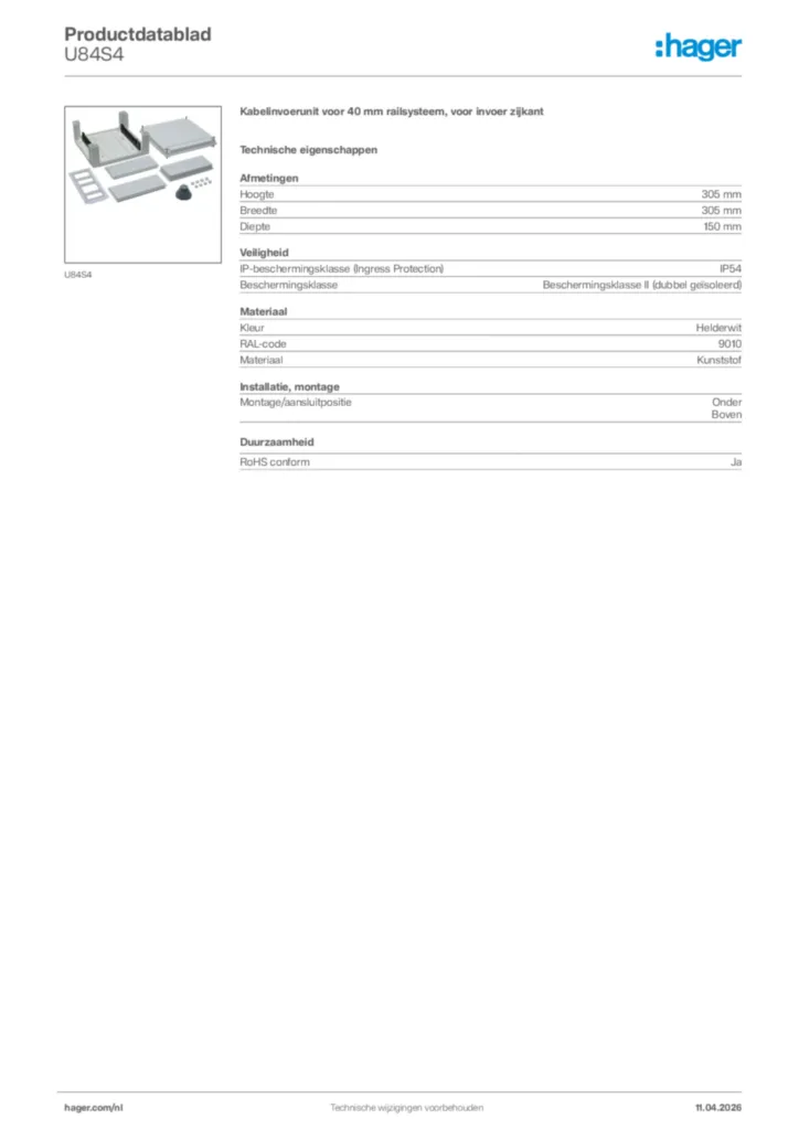 Afbeelding Hager Productdatablad U84S4 | Hager Nederland