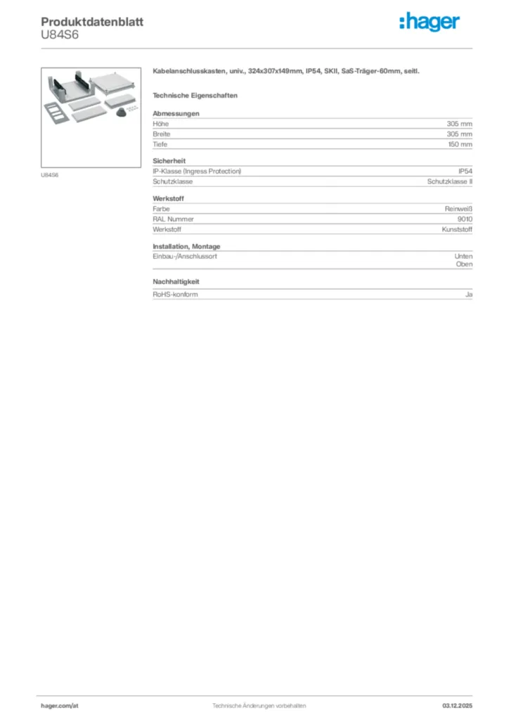 Bild Hager Produktdatenblatt U84S6 | Hager Deutschland