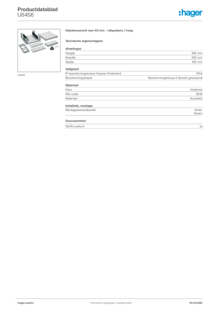 Afbeelding Hager Productdatablad U84S6 | Hager Nederland