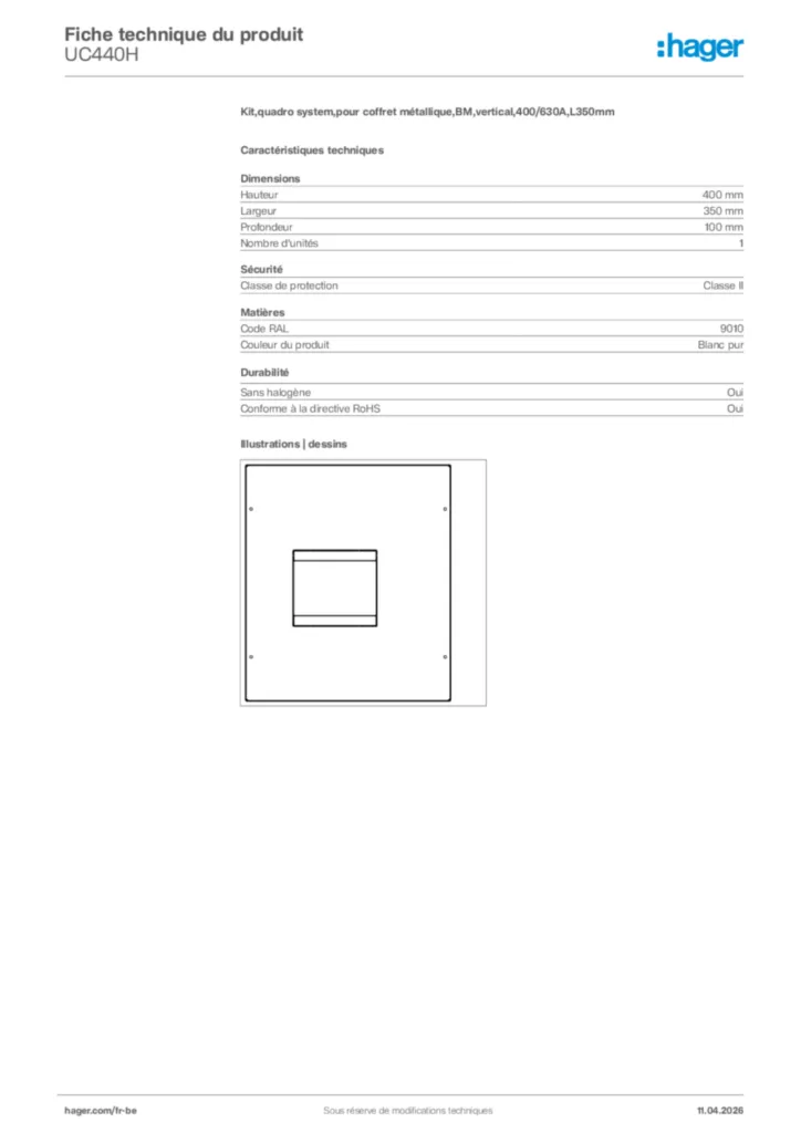 Image Hager Fiche technique du produit UC440H | Hager Belgique