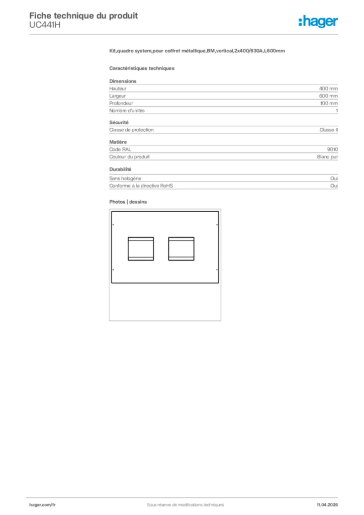 Image Hager Fiche technique du produit UC441H | Hager France