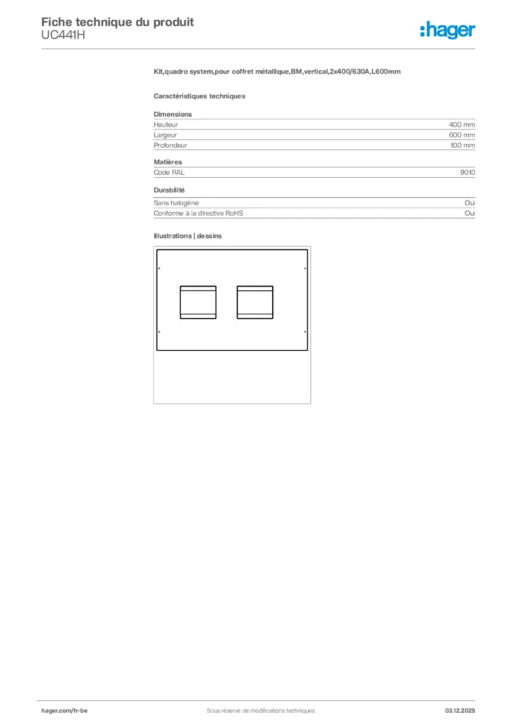 Image Hager Fiche technique du produit UC441H | Hager Belgique