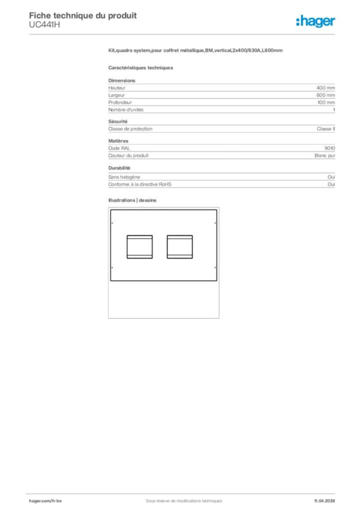 Image Hager Fiche technique du produit UC441H | Hager Belgique