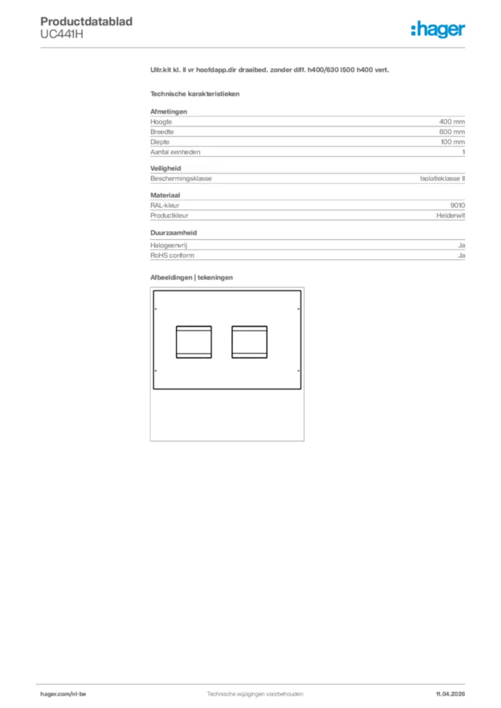 Afbeelding Hager Productdatablad UC441H | Hager Belgium