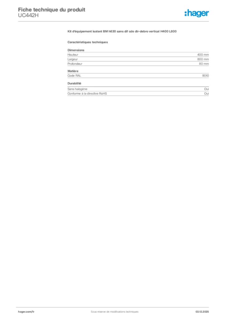 Image Hager Fiche technique du produit UC442H | Hager France