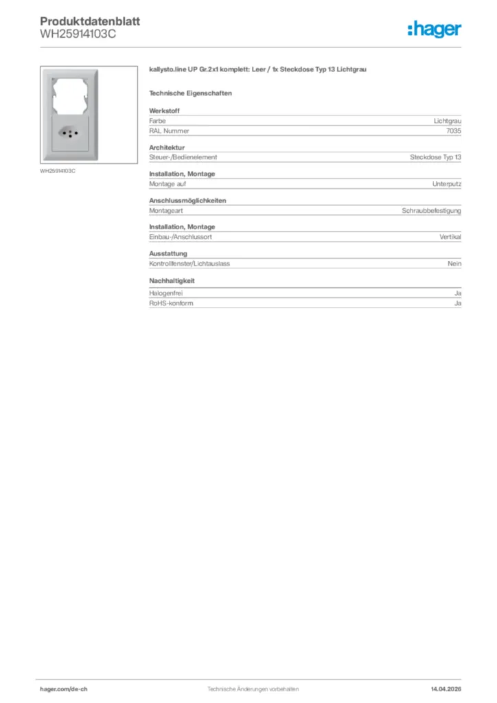 Bild Hager Produktdatenblatt WH25914103C | Hager Schweiz