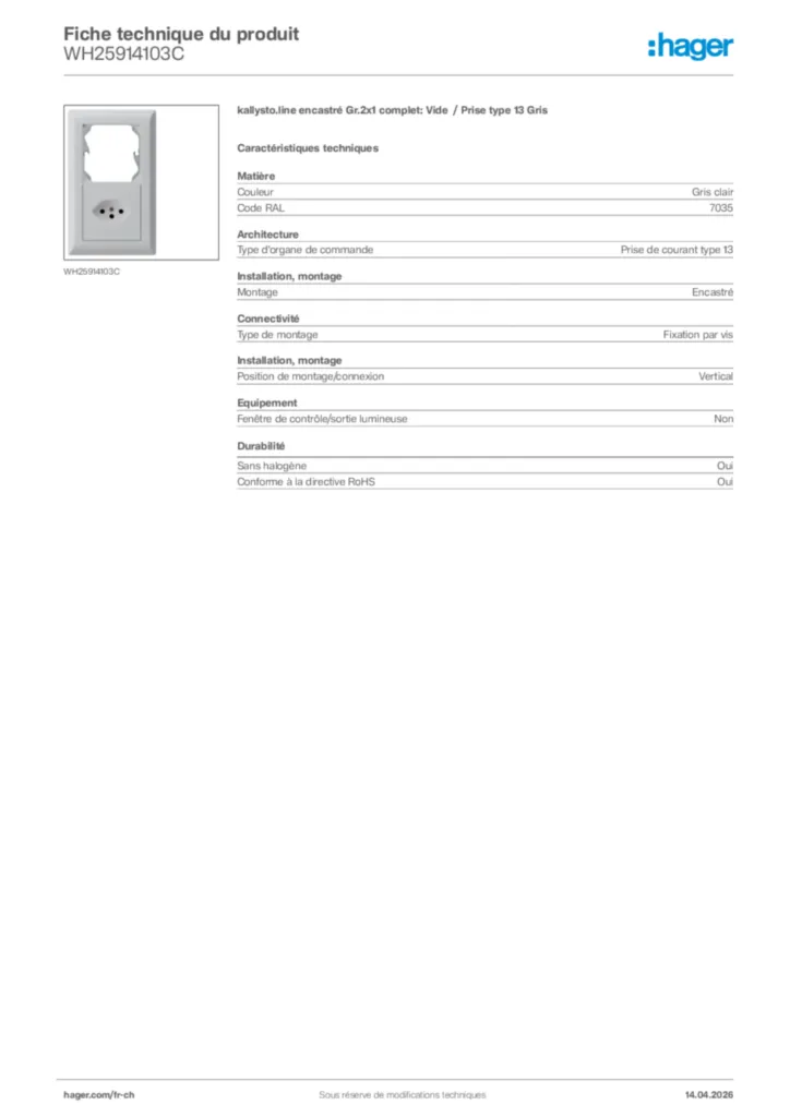 Image Hager Fiche technique du produit WH25914103C | Hager Suisse