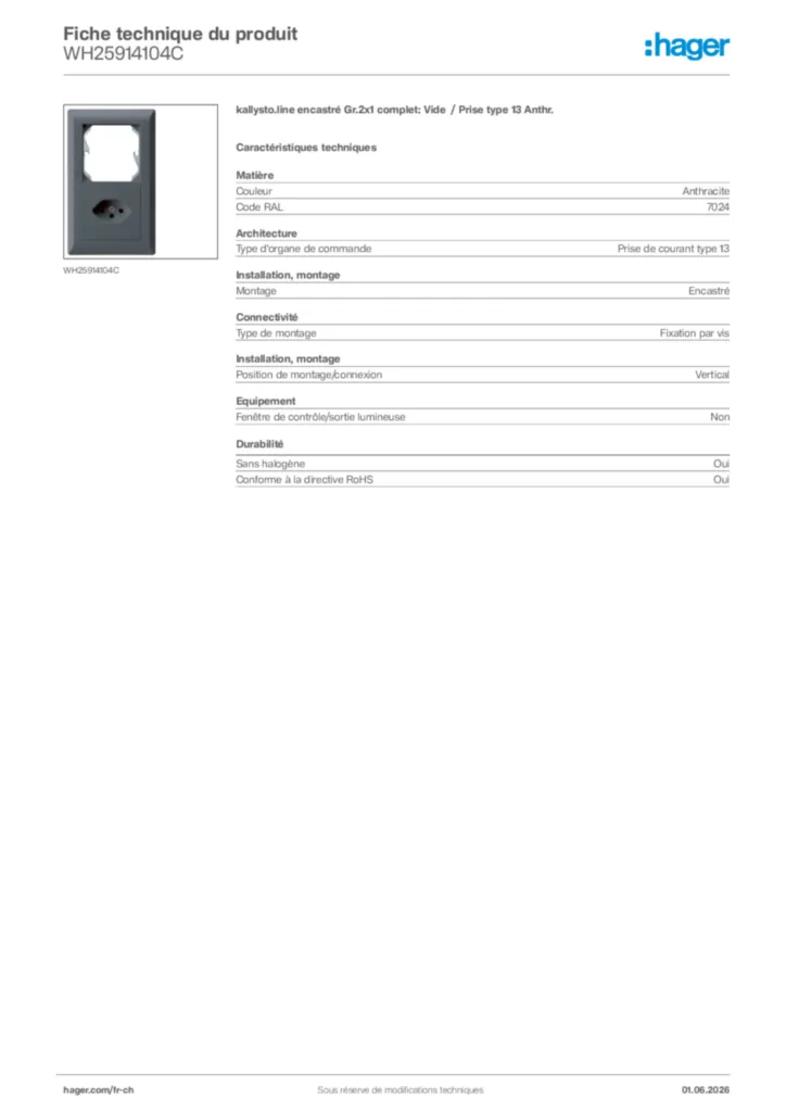 Image Hager Fiche technique du produit WH25914104C | Hager Suisse