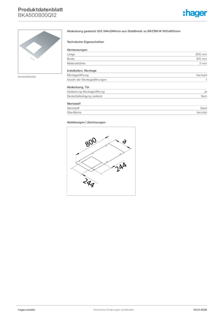 Bild Hager Produktdatenblatt BKA500800Q12 | Hager Deutschland