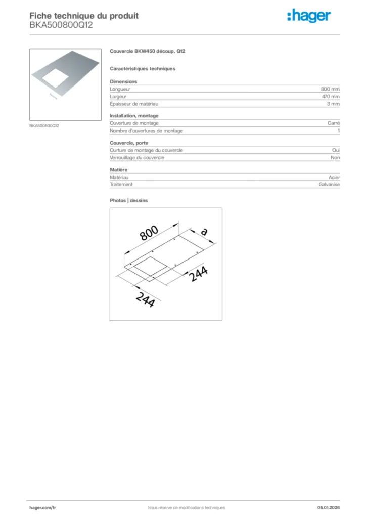 Image Hager Fiche technique du produit BKA500800Q12 | Hager France