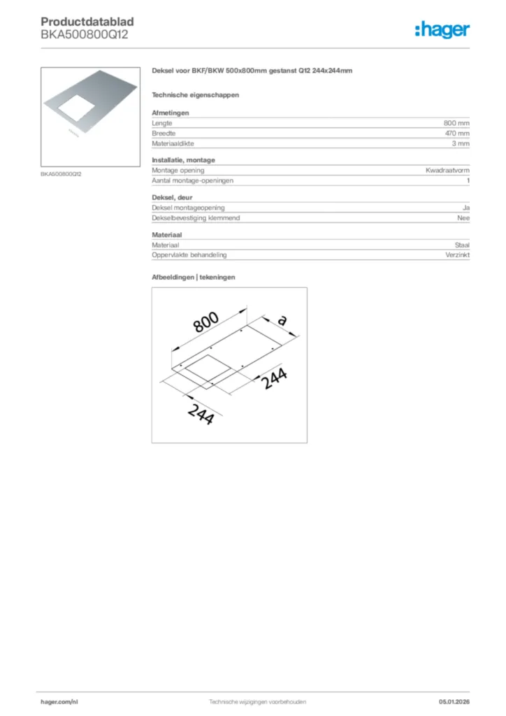 Afbeelding Hager Productdatablad BKA500800Q12 | Hager Nederland