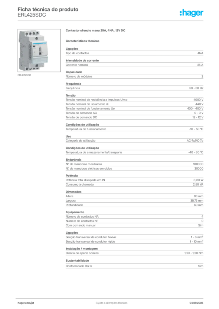Imagem Hager Ficha técnica do produto ERL425SDC | Hager Portugal