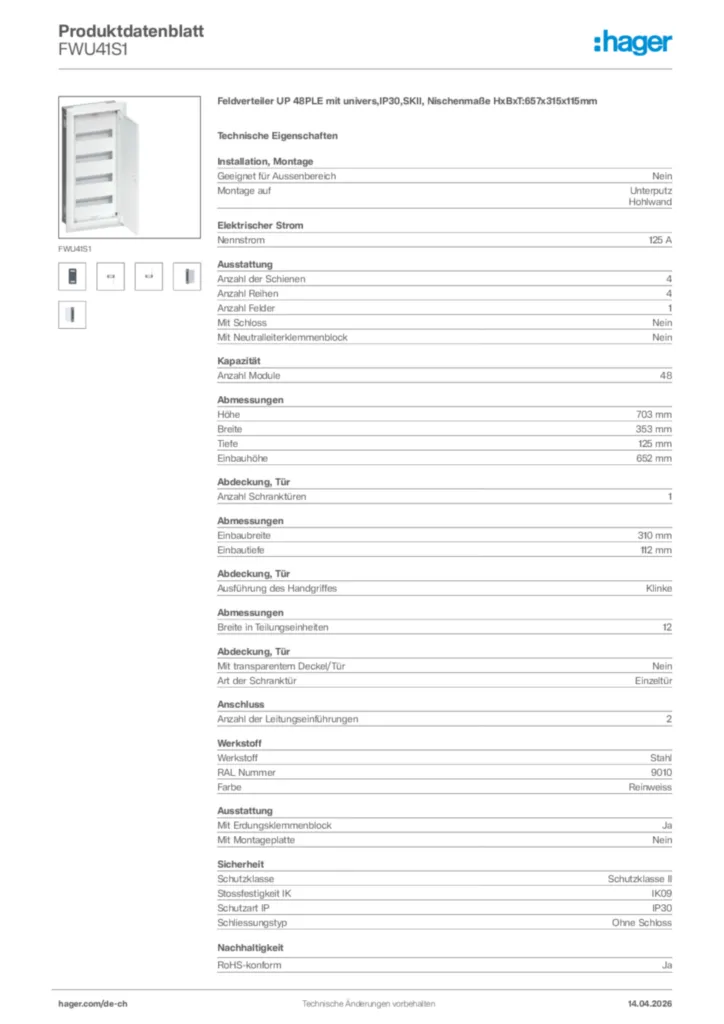Bild Hager Produktdatenblatt FWU41S1 | Hager Schweiz