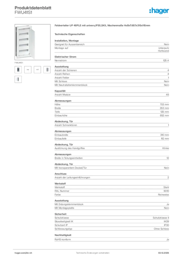 Bild Hager Produktdatenblatt FWU41S1 | Hager Schweiz