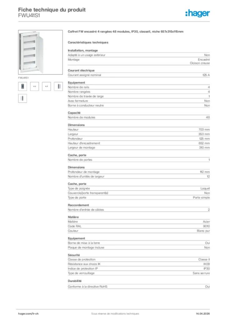 Image Hager Fiche technique du produit FWU41S1 | Hager Suisse