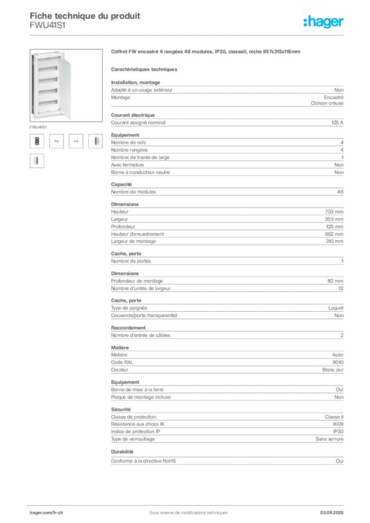 Image Hager Fiche technique du produit FWU41S1 | Hager Suisse