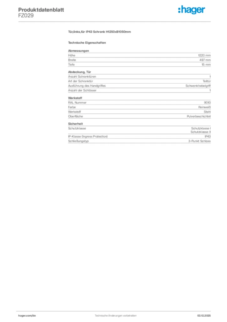 Bild Hager Produktdatenblatt FZ029 | Hager Deutschland