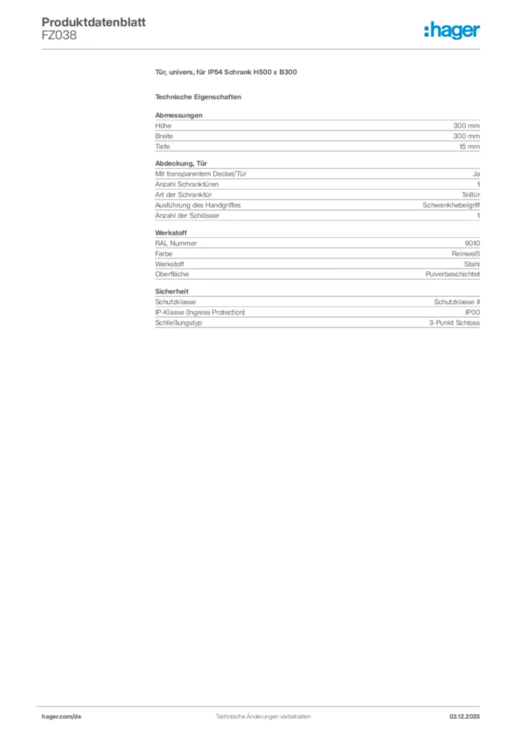 Bild Hager Produktdatenblatt FZ038 | Hager Deutschland