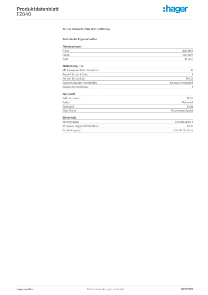 Bild Hager Produktdatenblatt FZ040 | Hager Deutschland