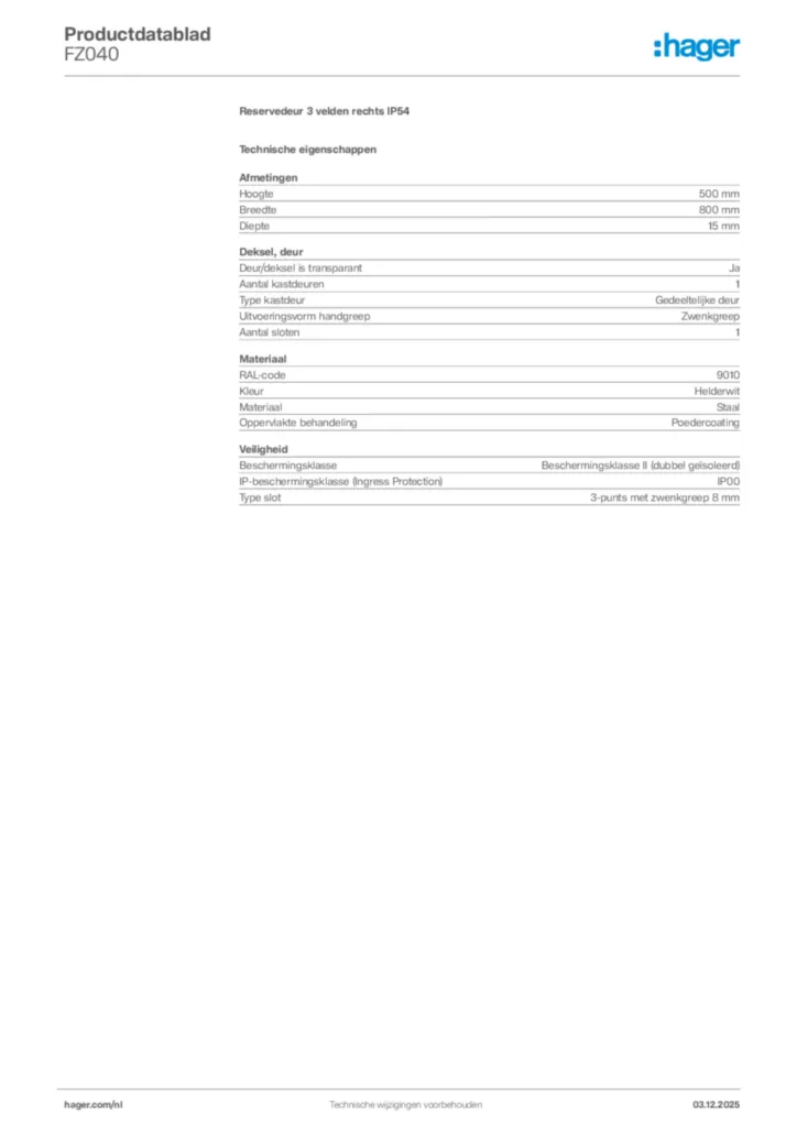 Afbeelding Hager Productdatablad FZ040 | Hager Nederland