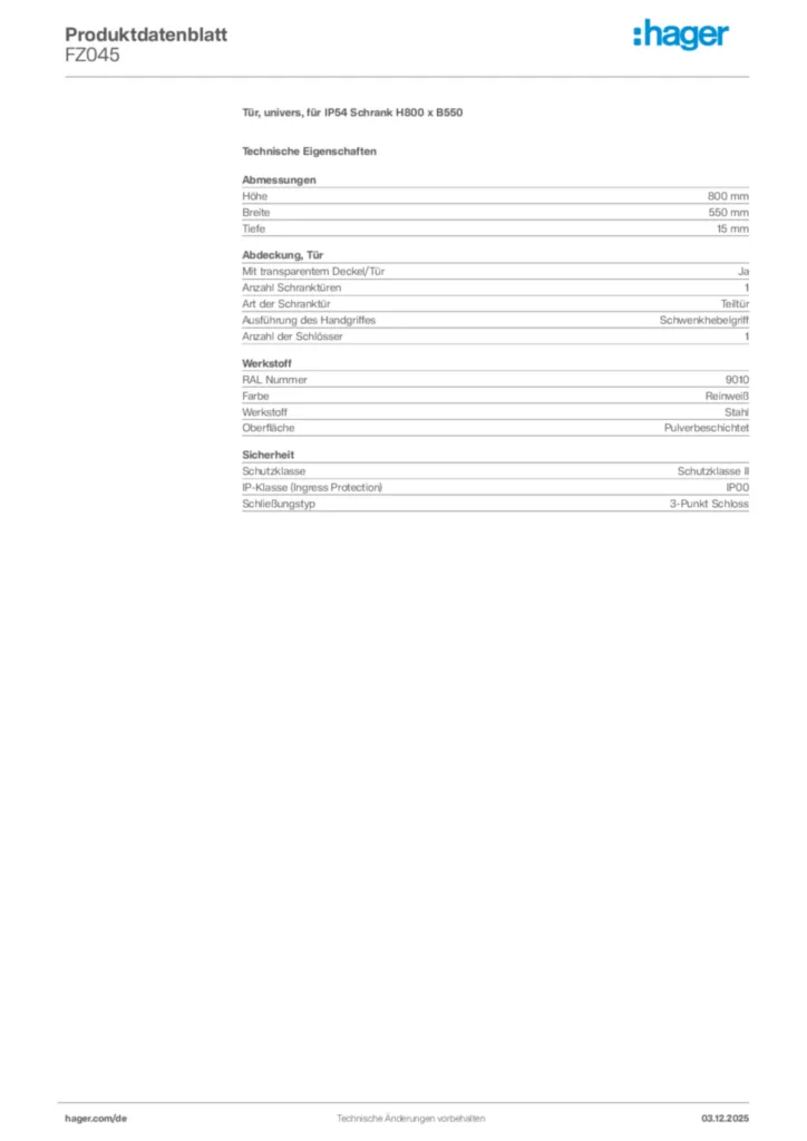 Bild Hager Produktdatenblatt FZ045 | Hager Deutschland