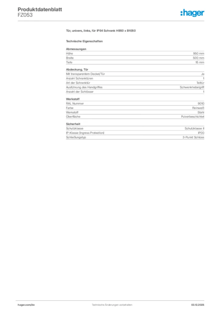 Bild Hager Produktdatenblatt FZ053 | Hager Deutschland