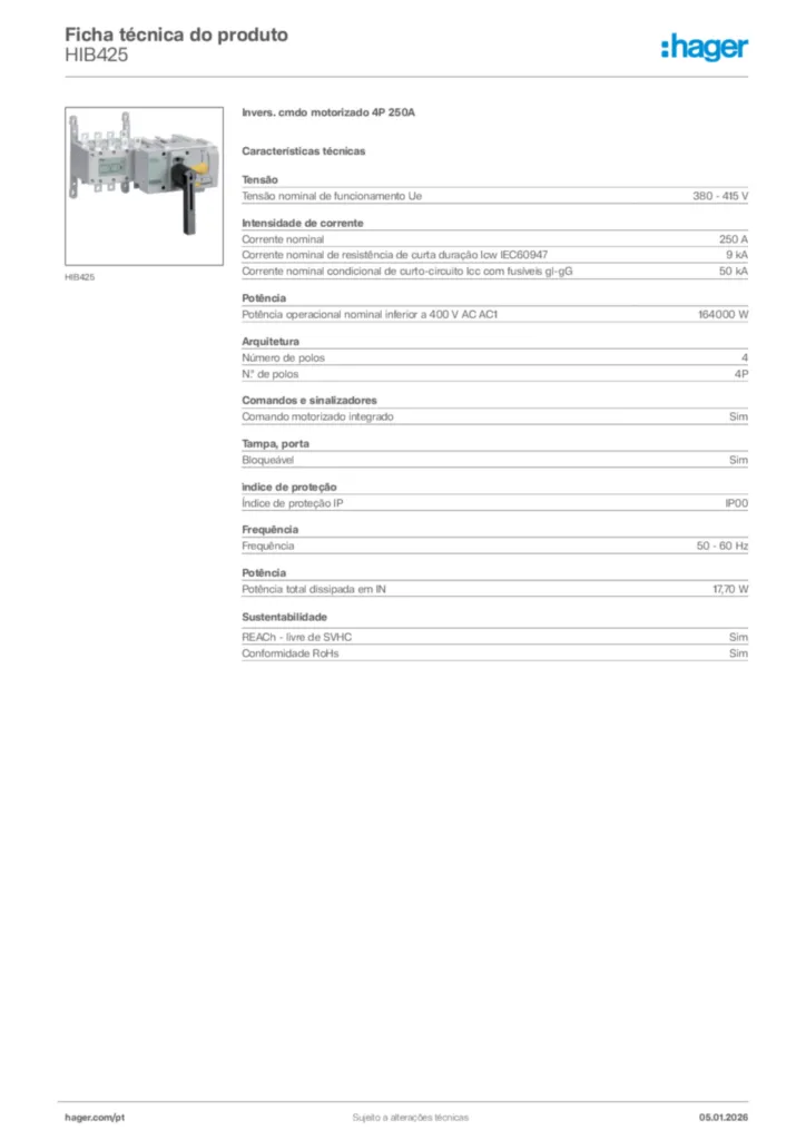 Imagem Hager Ficha técnica do produto HIB425 | Hager Portugal