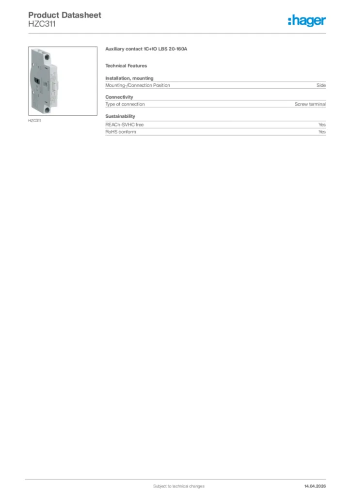 Image Hager Product data sheet HZC311  | Hager Africa