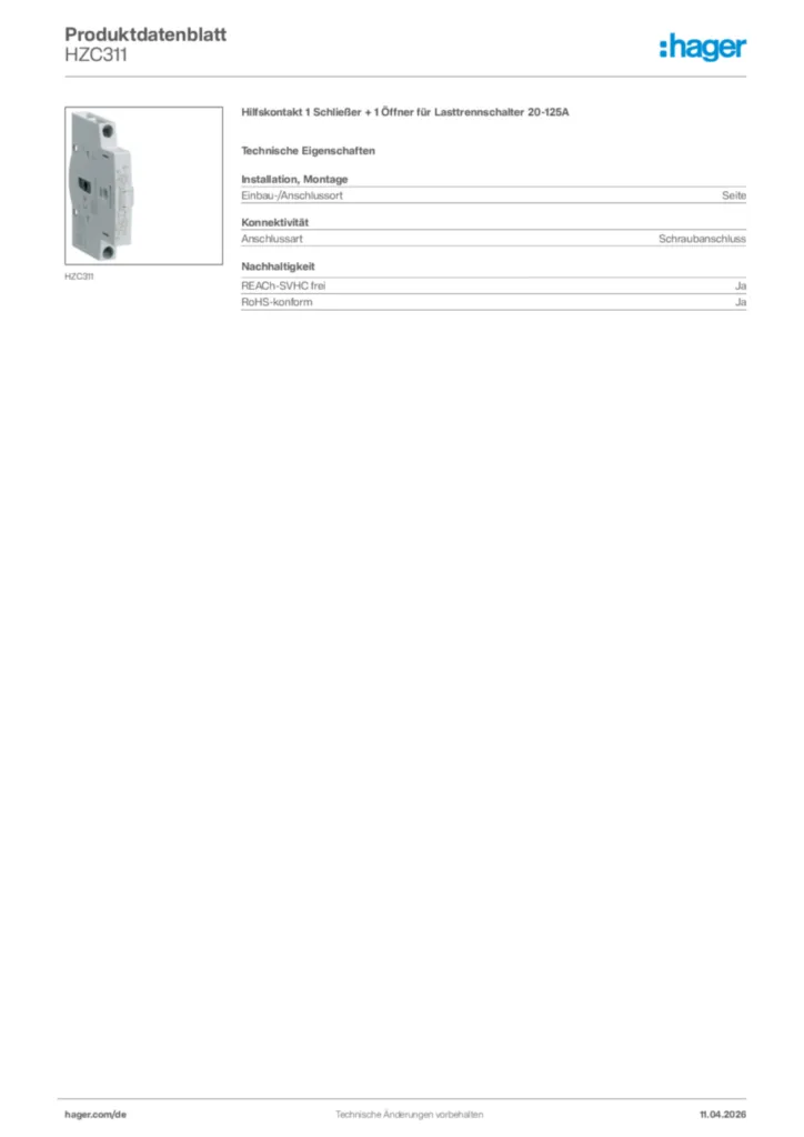 Bild Hager Produktdatenblatt HZC311 | Hager Deutschland